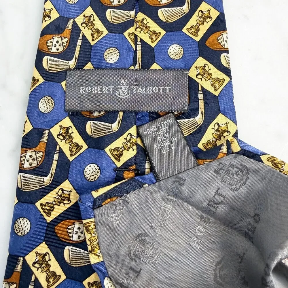 Robert Talbott Silk Tie Golf Trophy Clubs Balls Blue Gold Brown Made in USA